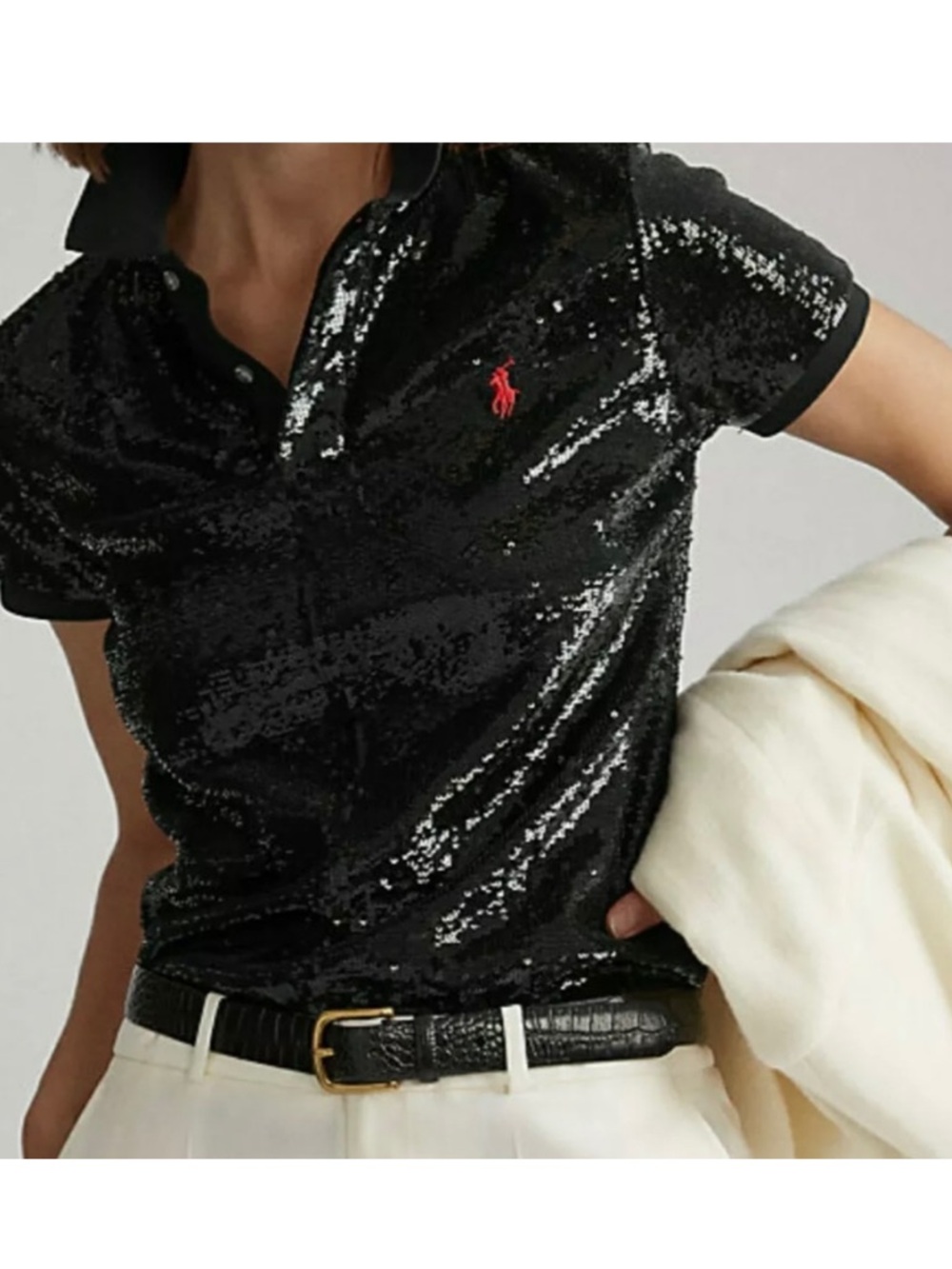 Polo Ralph Lauren Black Sequin Polo Top Medium